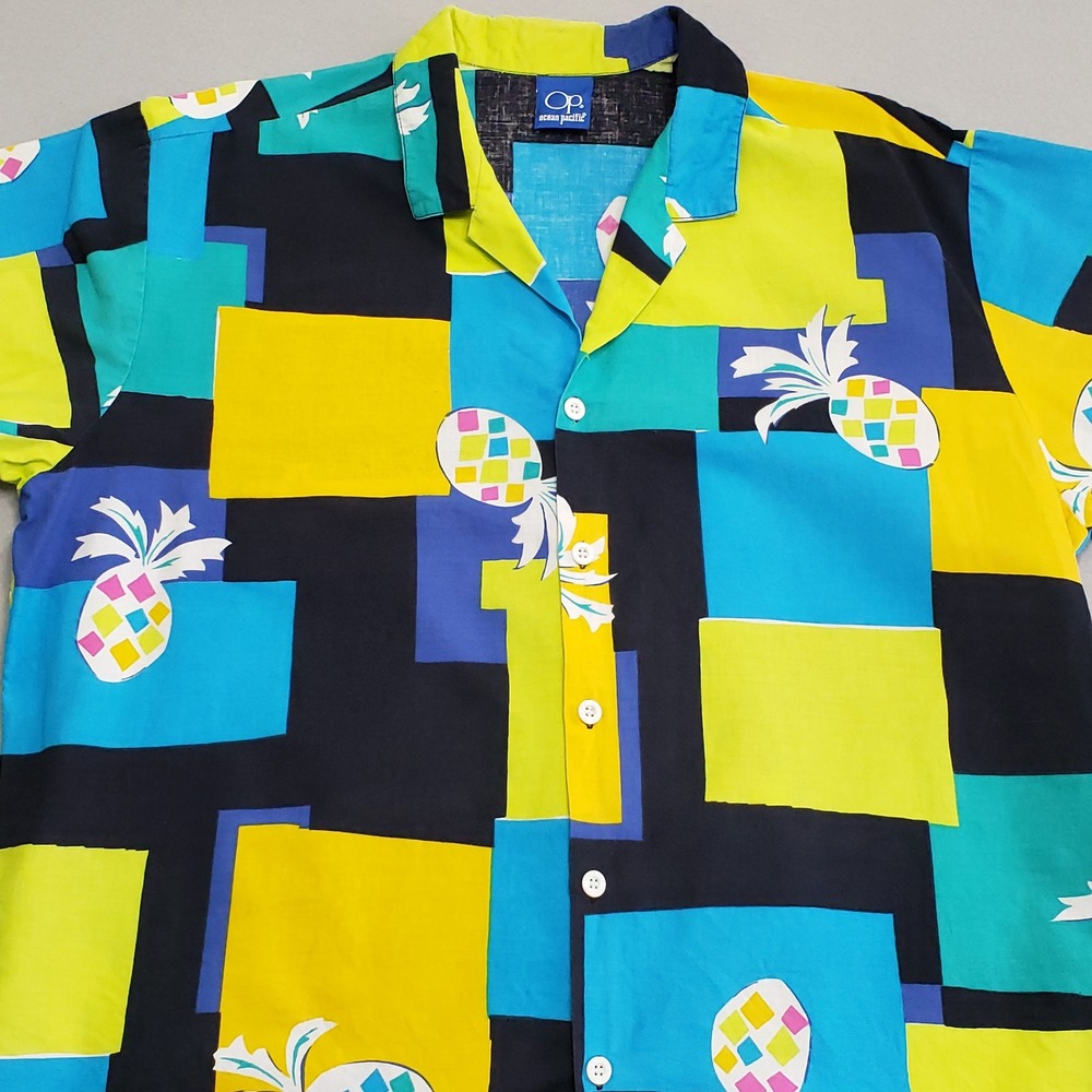 Ocean Pacific Mens XL Button Down Shirt Colorblock Pineapple Retro 90s Surf